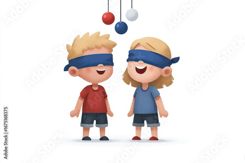 Two children, blindfolded, await a guessing game