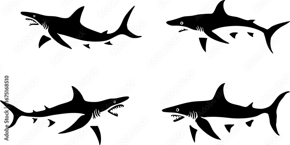 Fototapeta premium Stylized Shark Silhouette Set 