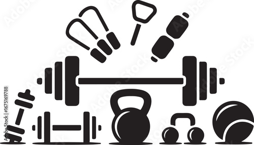 Dynamic fitness equipment icons for active lifestyle