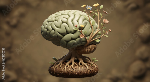Organic Brain with Roots and Flowers 3D Icon