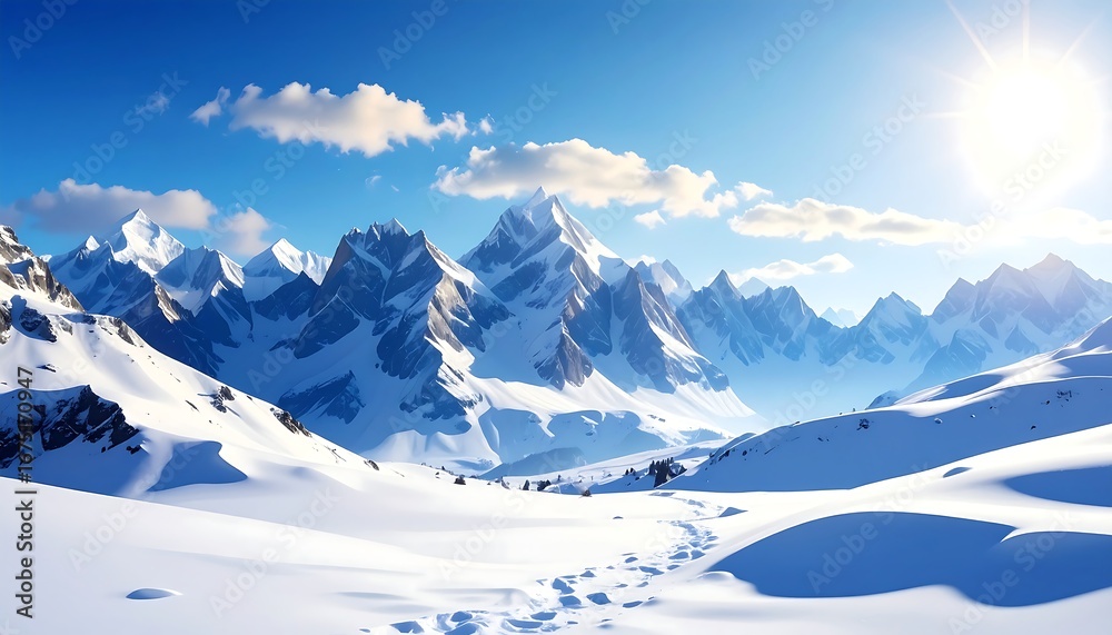 Obraz premium Snowy mountain range, sunny winter landscape