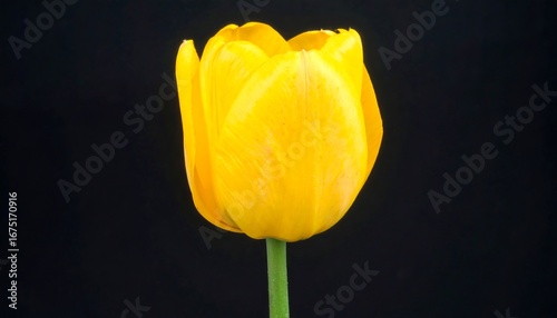 Single bright yellow tulip against black