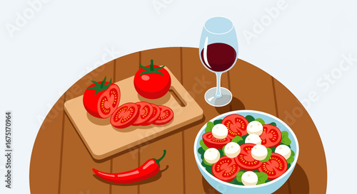 A delightful meal awaits! Freshly sliced tomatoes, a vibrant caprese salad with mozzarella, a spicy red chili, and a glass of red wine, all artfully arranged on a wooden table.