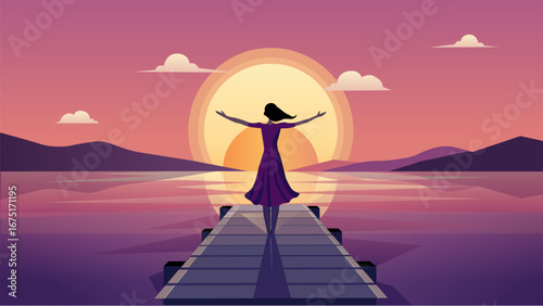 woman standing on a wooden pier at sunset vector art