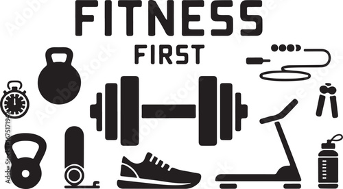 Fitness First: Gym equipment icons, motivation for health