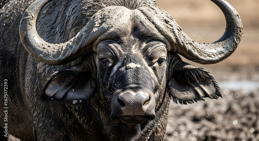 Naklejka premium Closeup of a majestic african buffalo with large horns in its natural habitat