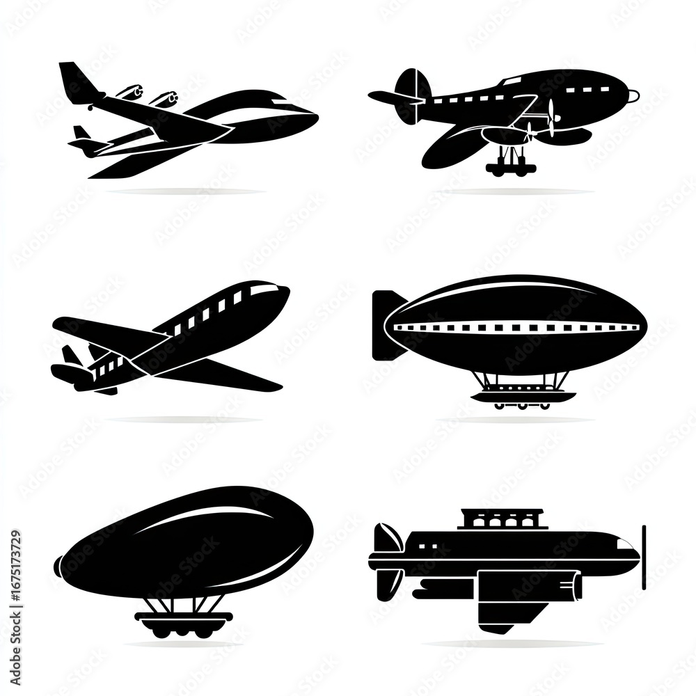 Fototapeta premium Collection of Black Silhouetted Vintage Aircraft and Dirigibles on White Background