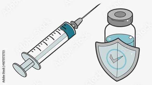 Vaccination and Immunization Concept: Syringe, Vial, and Protective Shield with Checkmark Symbolizing Health, Disease Prevention, and Medical Treat...