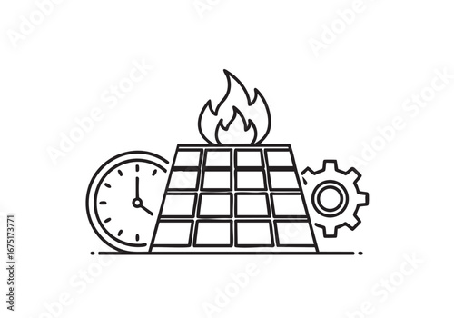 Time is Burning Fast Represented by a Clock Solar Panels Gear and Flames Illustration on White Background Depicting Environmental Challenges