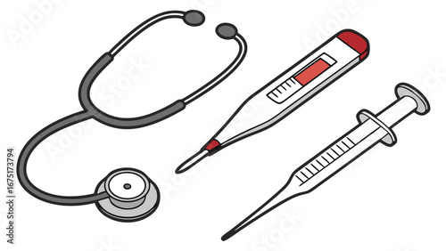 Essential Medical Tools Illustration: Stethoscope, Thermometer, and Syringe for Healthcare, Diagnosis, and Treatment