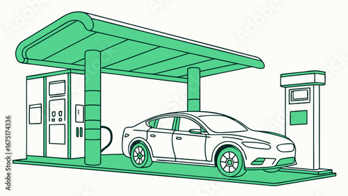 Electric Car Charging Station with Green Canopy - Modern Sustainable Transportation Line Art Illustration for Eco-Friendly Future