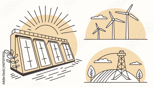 Sustainable Energy Production Icons: Hydroelectric Dam, Wind Turbines, and Power Grid Infrastructure Line Art Set