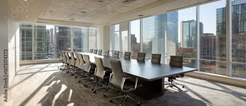 Contemporary Conference Room with Long Brown Table and White Chairs with City View in the Background with Natural Light