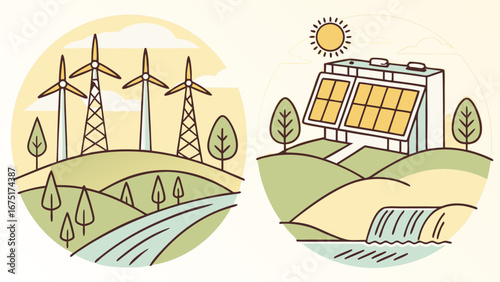 Clean Energy Generation: Wind Turbines and Solar Panels in Green Natural Landscapes, Sustainable Power Solutions Illustration