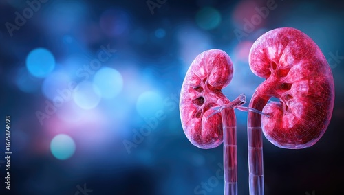 Detailed 3D Rendering of a Kidney with Red Texture on a Blurred Blue Bokeh Background for Medical and Scientific Illustration