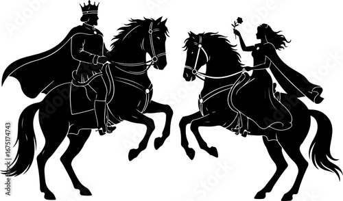 Royal King and Queen Riding Horses Silhouette with Flower