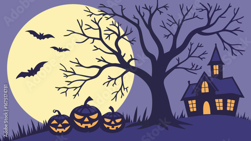 Spooky Halloween Night Illustration with Haunted House, Jack-o'-Lanterns, Bats, and Bare Tree under a Glowing Full Moon