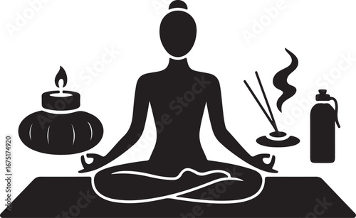 Woman meditating peacefully with yoga essentials for calm
