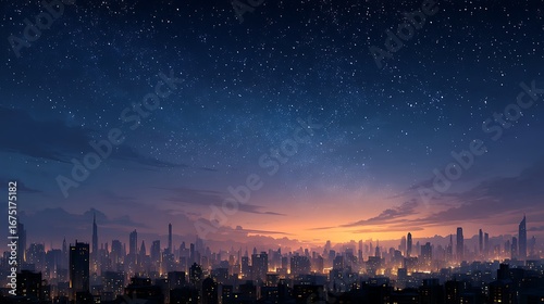 Wallpaper Mural Wide night city skyline with illuminated skyscrapers and glowing urban lights under blank starry sky, modern metropolitan background with open space for design and text overlay concepts. Torontodigital.ca