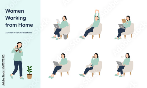 在宅ワークの女性セット/ Women Working from Home Sitting on Sofa