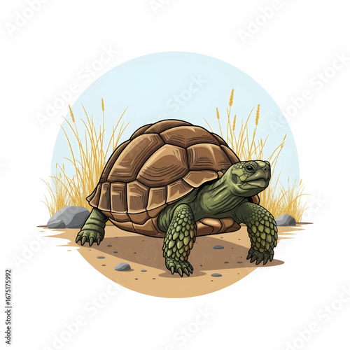 Tortoise illustration with grassland habitat in circle background