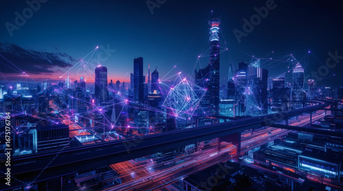 Futuristic AI-Powered Cityscape with a Luminous Digital Network Overlay - A Concept of Urban Technology and Global Connectivity.