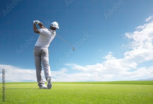 Golfer in White Outfit Swinging Golf Club on Lush Green Course under Clear Blue Sky