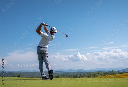 Golfer in White Shirt Executes Powerful Swing on Green Course Under Clear Blue Sky