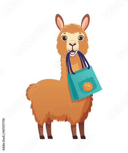 A charming llama carrying a handbag, looking like a fashionable tourist or shopper