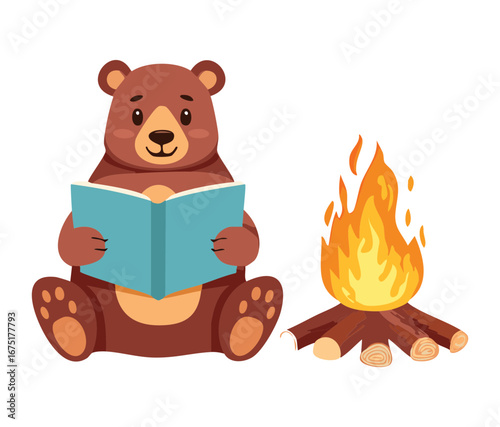  A cute bear reading a book by a cozy campfire, a perfect illustration for a relaxing evening and story time