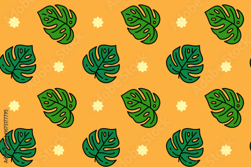 Green monstera leaves with flower seamless pattern on yellow background for home decoration. Botanical jungle leaf colorful doodle pattern background. Tropical monstera foliage isolated motif