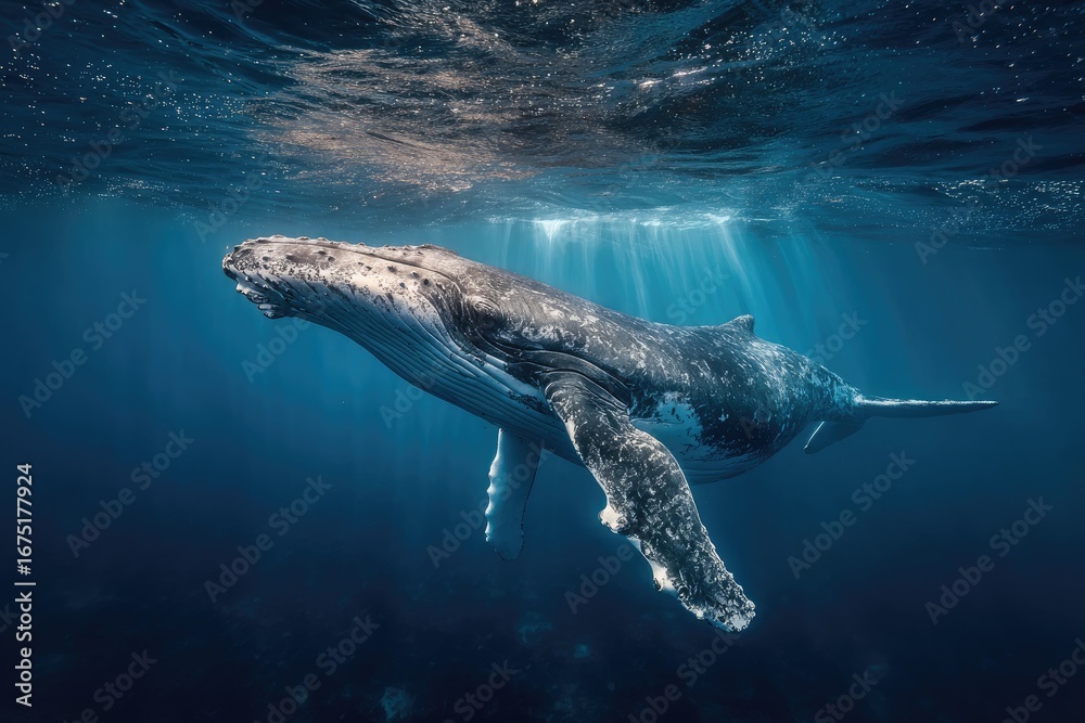 Naklejka premium Humpback Whale Swimming in Deep Blue Ocean with Sun Rays and Pixelated Render in Water