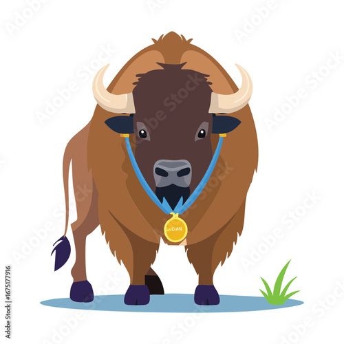 A mighty bison standing in the snow, wearing a medal, representing resilience and triumph in cold weather