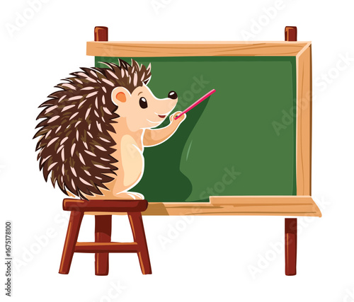 A charming hedgehog teacher standing in front of a green blackboard, ready to give a lesson