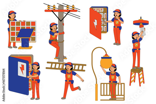 Electrician profession character working with electrical systems