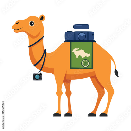 A friendly camel carrying a saddle and luggage, ready for a desert adventure or a vacation trip