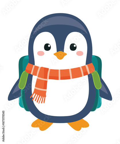 An adorable penguin with a cute red backpack is wearing a blue scarf ready to go on a trip
