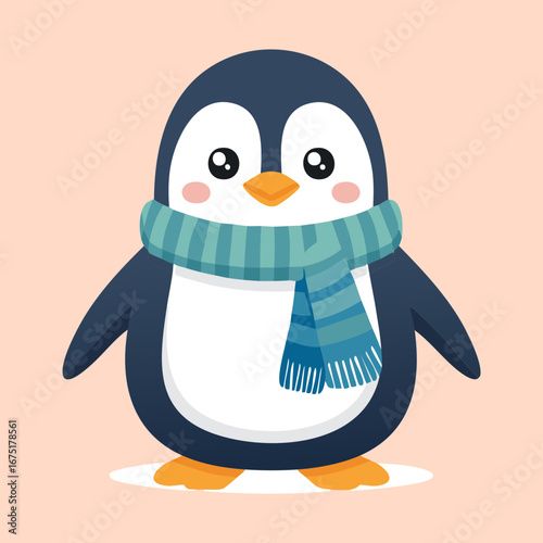 A cute little penguin is wearing a warm blue scarf to protect itself from the cold weather
