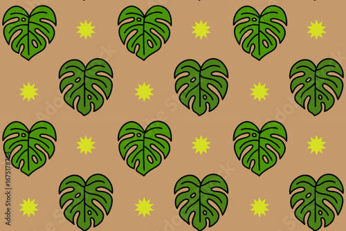 Tropical monstera leaf with star seamless pattern on tan background for home decor, packaging, fashion. Exotic jungle leaves colorful doodle pattern background. Foliage botanical isolated motif