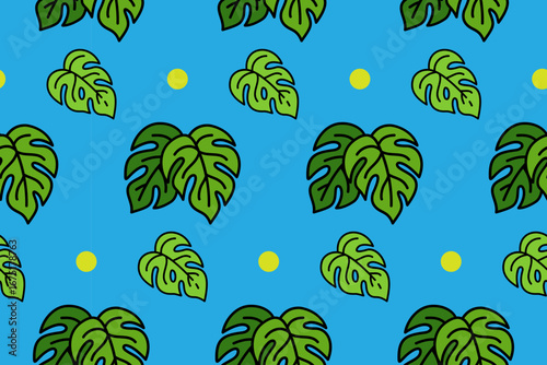 Forest monstera leaves with dot seamless pattern on blue background. Botanical leaf colorful doodle pattern background. Tropical foliage cartoon isolated motif wallpaper for wrapping and fashion