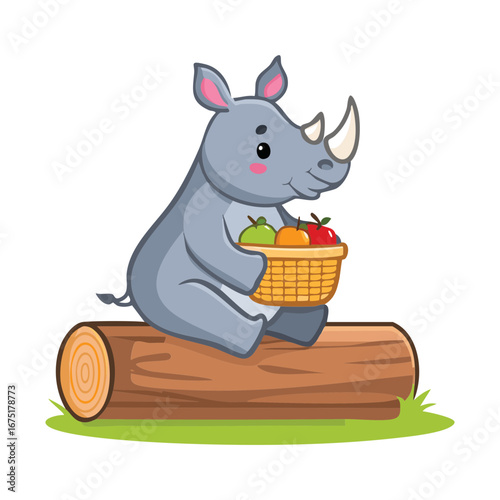 A cute rhino with a horn is sitting on a big log happily eating a basket of berries