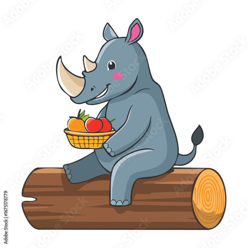 A cute little rhinoceros is sitting down on a tree trunk and happily eating a bowl of strawberries