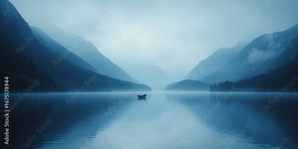 Obraz premium Misty mountain lake, single boat silhouette, cool blue tones, symmetrical reflection, dawn light