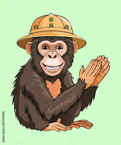  A funny chimpanzee with a brown explorer hat is standing and clapping its hands looking for a friend