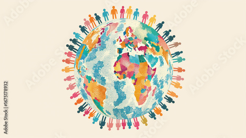 Globe surrounded by multi-colored human figures, celebrating cultural diversity, flat pastel vector style, isolated on white