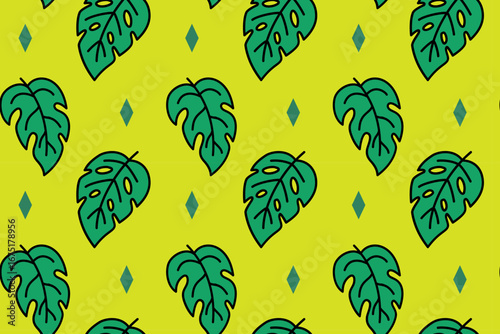 Botanic monstera leaf with diamond accents colorful doodle seamless pattern on green background. Tropical foliage cartoon pattern background for home decor and wrapping. Vector Illustration