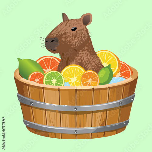 A cute capybara is sitting in a large bucket filled with a variety of colorful and tropical fruits