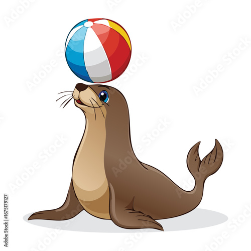 A joyful seal balancing a colorful beach ball on its snout while entertaining the crowd with a great performance