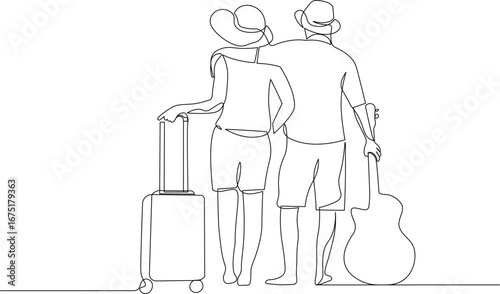 Romantic Traveling Couple with Guitar and Suitcase. Minimalist Continuous Line Vector