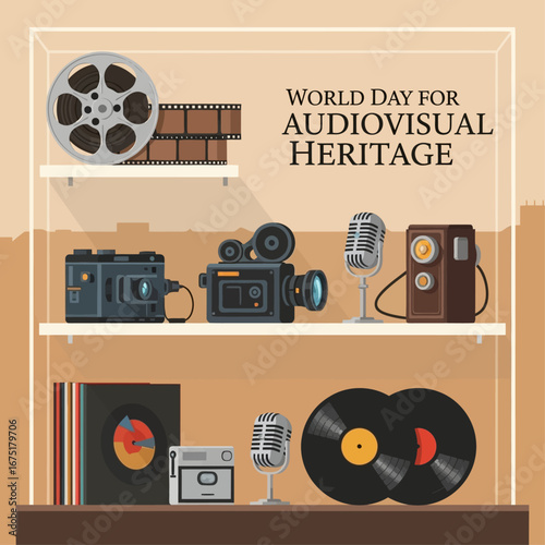 Flat vector illustration of old film reels, vintage cameras, microphones, and vinyl records preserved in a museum-style display, celebrating World Day for Audiovisual Heritage